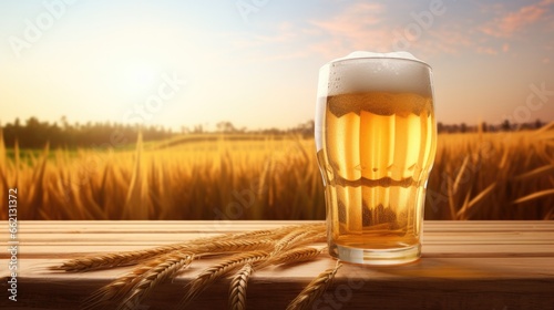 Realistic photo of a glass almost full of craft beer with foam flowing over the white glass. Spherical, curved, slender, golden-bronze color. There is a light on one side of a glass. In the morning,