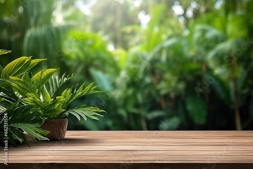 mockup empty wooden table garden with greenery background