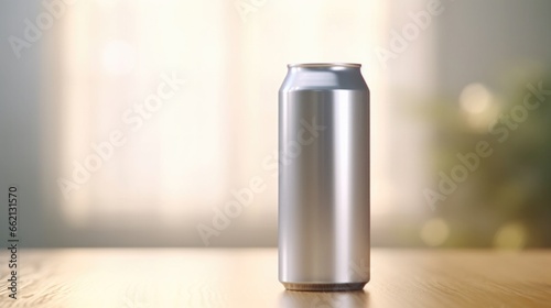 Sample design of a craft beer can, long round shape, morning light, can shadow placed on a white background. bokeh background 4k.