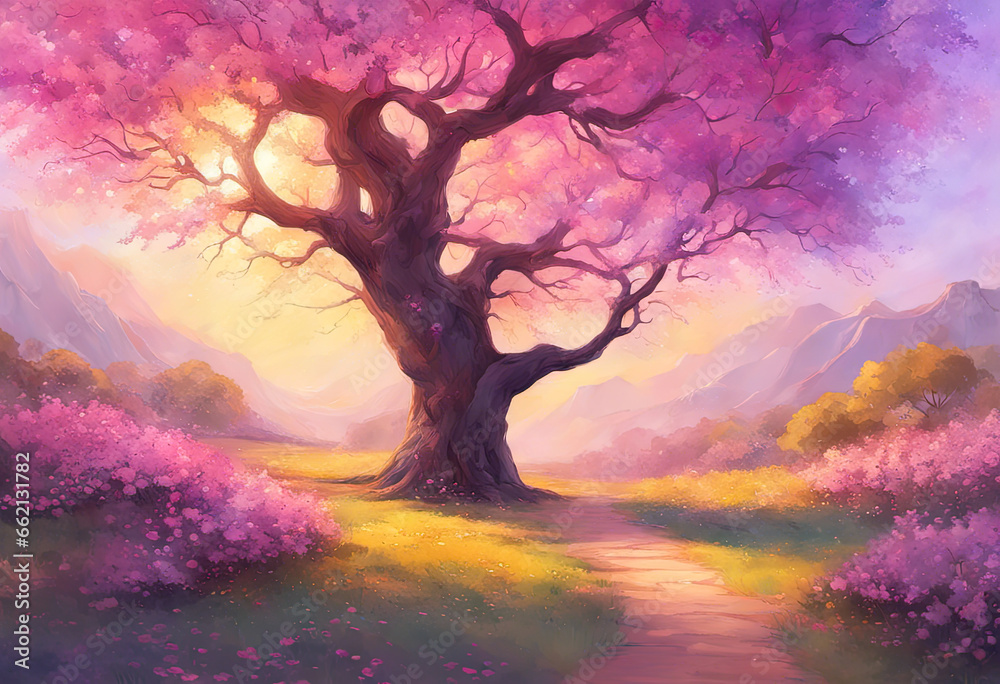 Fototapeta premium a big purple tree and purple flowers moutain and sunset