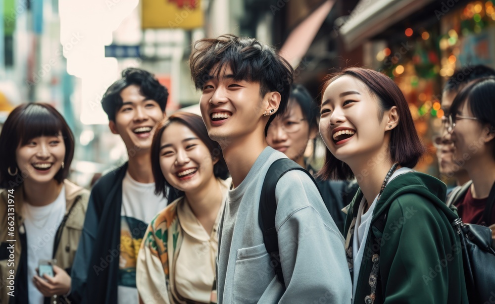 smiling group of asian friends being hugged in a city stock photo, in the style of depictions of urban life, consumer culture