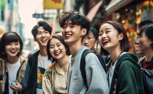 smiling group of asian friends being hugged in a city stock photo, in the style of depictions of urban life, consumer culture © panu101