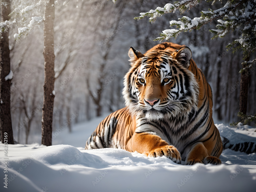 A Siberian tiger walking on a snow field