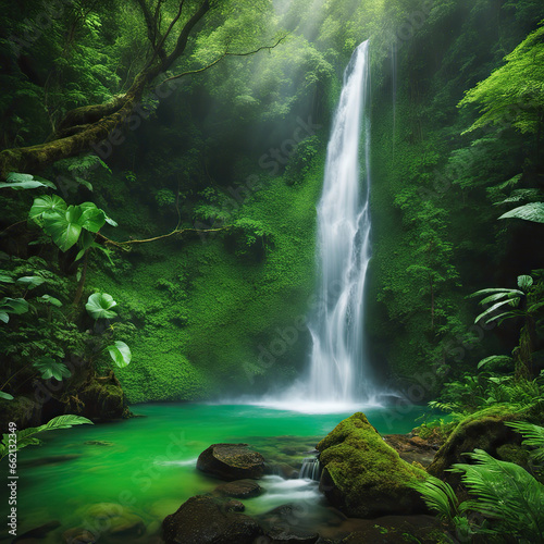  A breathtaking scene showcasing a beautiful waterfall surrounded by lush green trees  offering a harmonious blend of nature s splendor.