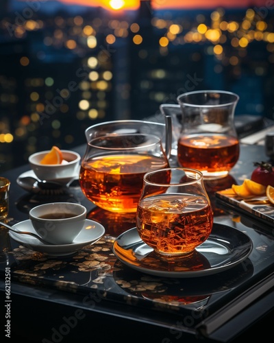 Tea Cups on a Glass Table with a Blurry City Background