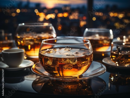 Tea Cups on a Glass Table with a Blurry City Background