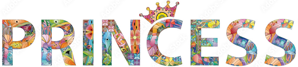 Word PRINCESS. Vector zentangle object for decoration