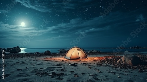 Camp on sandy beach, tent at the night with light inside, moon light, active tourism, hiking and traveling concept