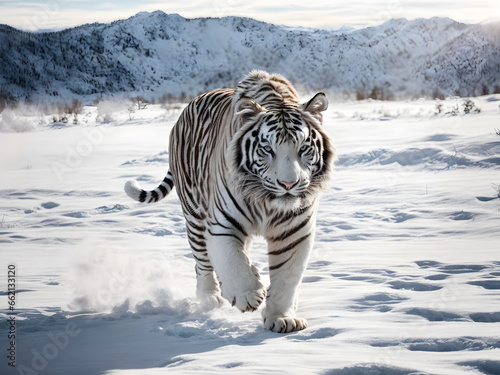 A Siberian tiger walking on a snow field