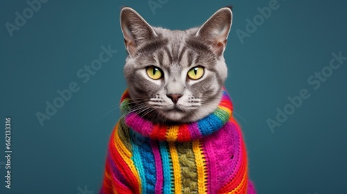Cat : Gray Kitten Portrait in colorful knitting sweater with gray color background © Muhammad