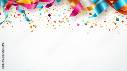 Celebration background frame template with confetti and Colorful ribbons Vector illustration