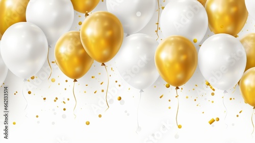 Celebratory seamless banner - white, yellow, glitter gold balloons and golden foil confetti Vector festive illustration Holiday design