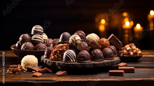 Chocolate bonbon Luxury handmade chocolate bonbons on wooden table with night background, copy space