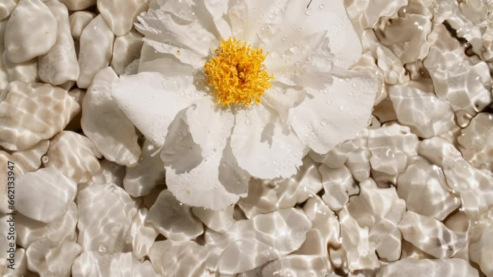 Flowers peonies on water surface with drops. Pure water with reflections sunlight and shadows. Slow motion of waves water. Packaging for design, advertising, products. High quality 4k footage Flowers peonies on water surface with drops. Pure water with reflections sunlight and shadows. Slow motion of waves water. Packaging for design, advertising, products. High quality 4k footage