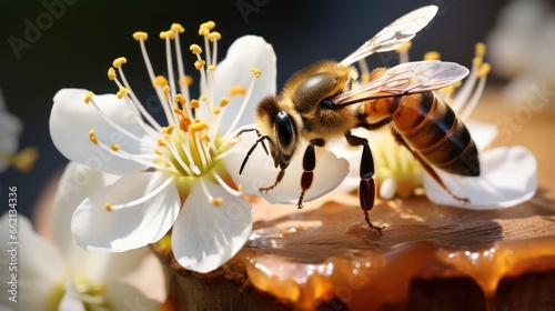 Close-up macro photo of a bee collecting honey from a white flower's petal.