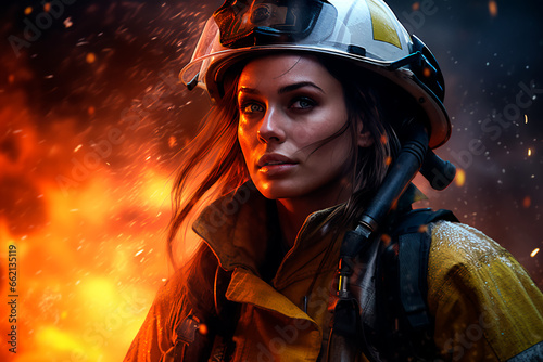 A female firefighter battling a fire