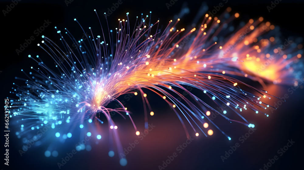 Network connection fiber optic,Colorful optic fiber electrical cables wires neon waves lines abstract 3d ai design background pattern glow colored streams information optical connection internet  - obrazy, fototapety, plakaty 