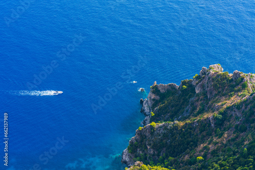 Spectacular aerial view of cliffs and blue sea from Monte Solaro, Capri Island, Italy