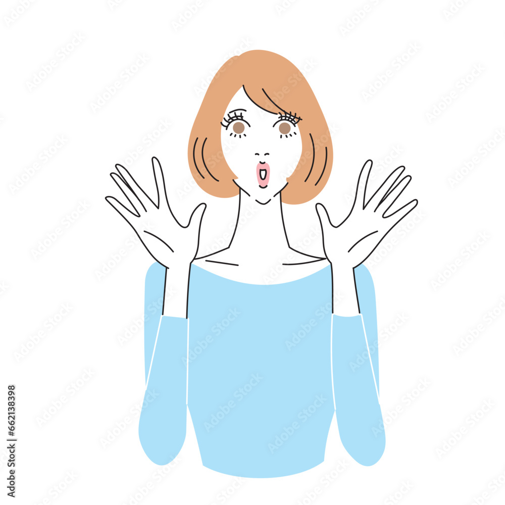 手を広げて驚くボブヘアの女性上半身
