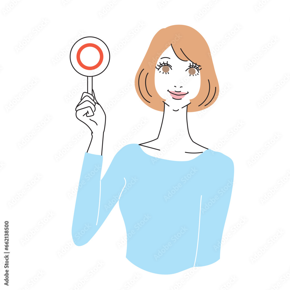 マル札を持つボブヘアの女性上半身