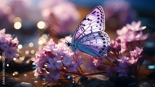 Purple butterfly on wild white violet flowers in grass in rays of sunlight, macro. Spring summer fresh artistic image of beauty morning nature.  © Planetz