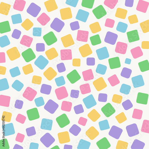 A cheerful and fun seamless pattern with colorful pastel squares on a white background.