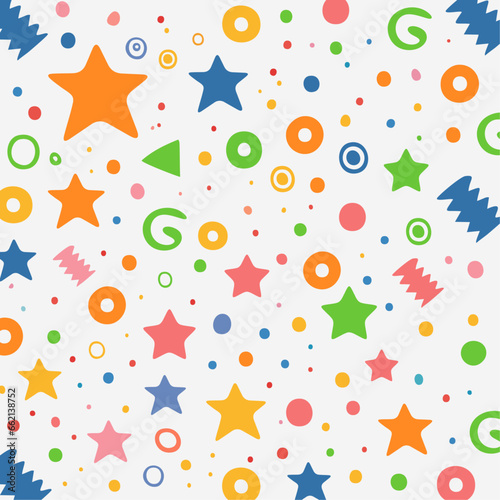 Colorful Pastel Star and Dot Seamless Pattern.A whimsical and playful seamless pattern with colorful pastel stars and dots on a white background.