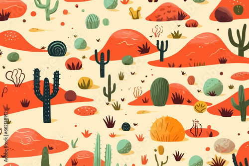 Wastelands and deserts quirky doodle pattern, wallpaper, background, cartoon, vector, whimsical Illustration