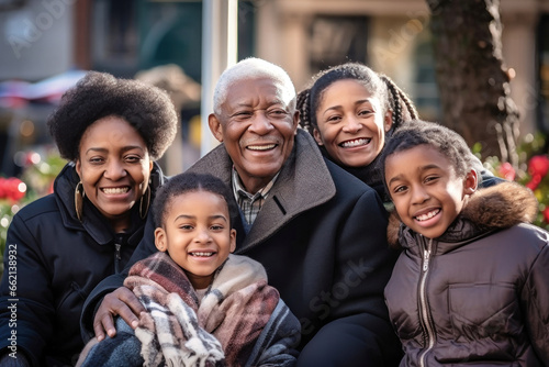 African American family together. Family photo of grandfather  with children and small grandchildren. Children and grandchildren visit elderly parents. Family values. Caring for the elderly.