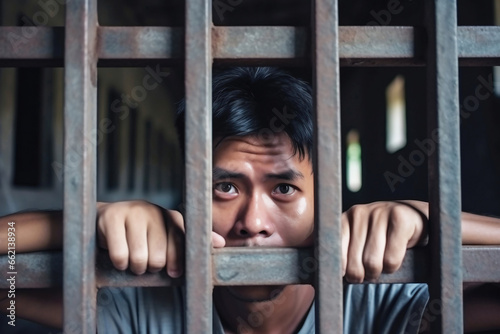 An Asian prisoner in a cell behind bars. Young man in prison. Despair, sadness and loneliness of the person who committed the crime.