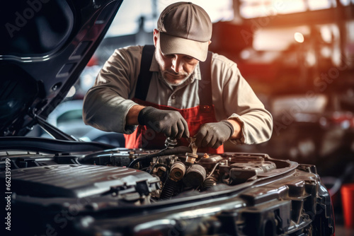 A mechanic in a workshop diagnoses and repairs the engine and car systems. Car repair and diagnostics in the garage. Modern car service. Brutal worker mechanic.