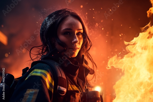 A female firefighter battling a fire