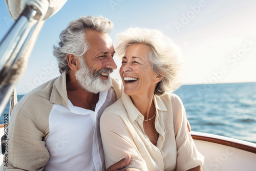 An elderly couple sits in a boat or yacht against the backdrop of the sea. Happy and smiling. They look at the waves and hug. Sea voyage, vacation. Love and romance of older people. © Anoo