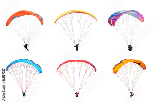Fototapeta Naklejka Na Ścianę i Meble -  collection Bright colorful parachute on transparent background. png file. Concept of extreme sport, taking adventure challenge.
