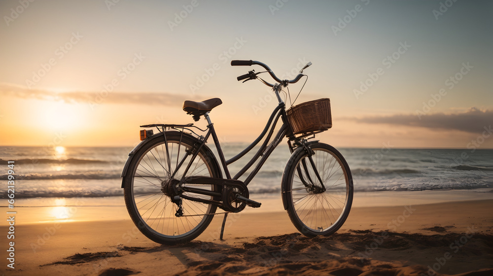 Fototapeta premium side view of old bicycle on the beach at sunset time.