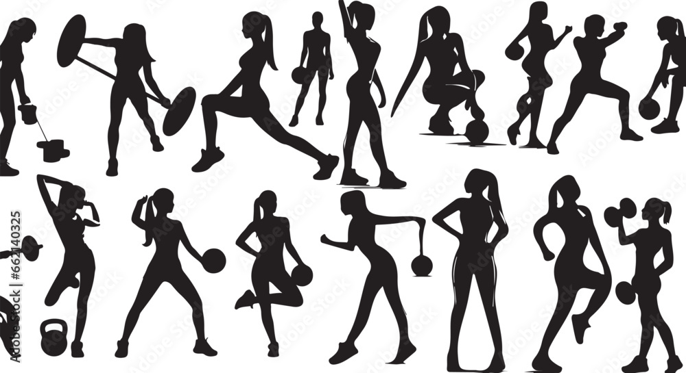 Set of workout woman silhouettes