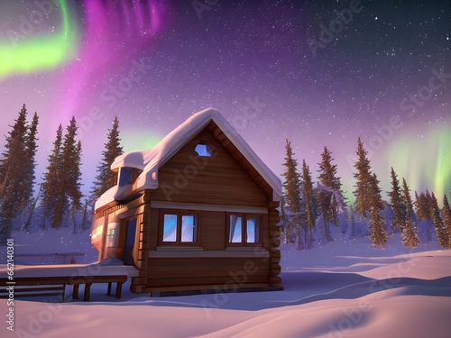 Aurora borealis over house in winter landscape