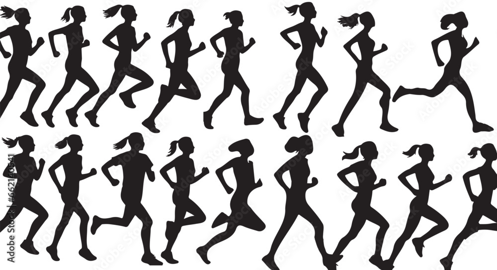 Running woman silhouettes on a white background. Big set of female sprinter vector illustration