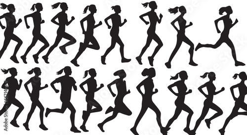 Running woman silhouettes on a white background. Big set of female sprinter vector illustration