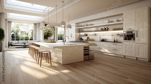 Amazing luxury kitchen Interior in white with wooden floor and kitchen island photo
