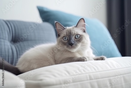 ソファのクッションのそばでくつろぐ美しい猫 かわいいペット