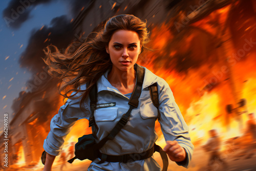 A female paramedic running away from an explosion