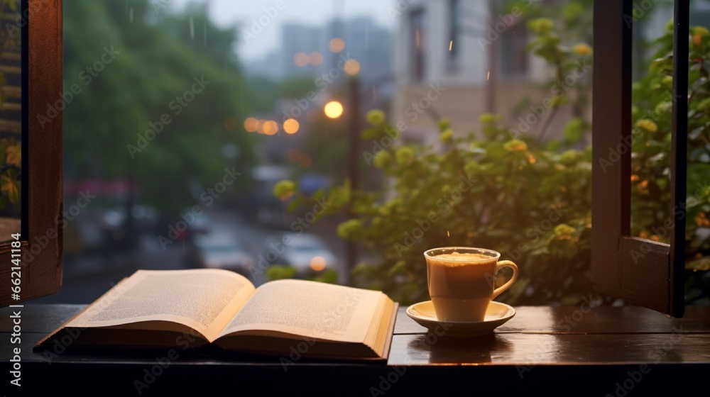 open book and a cup of tea on the windowsill and rainy view generated by AI tool 