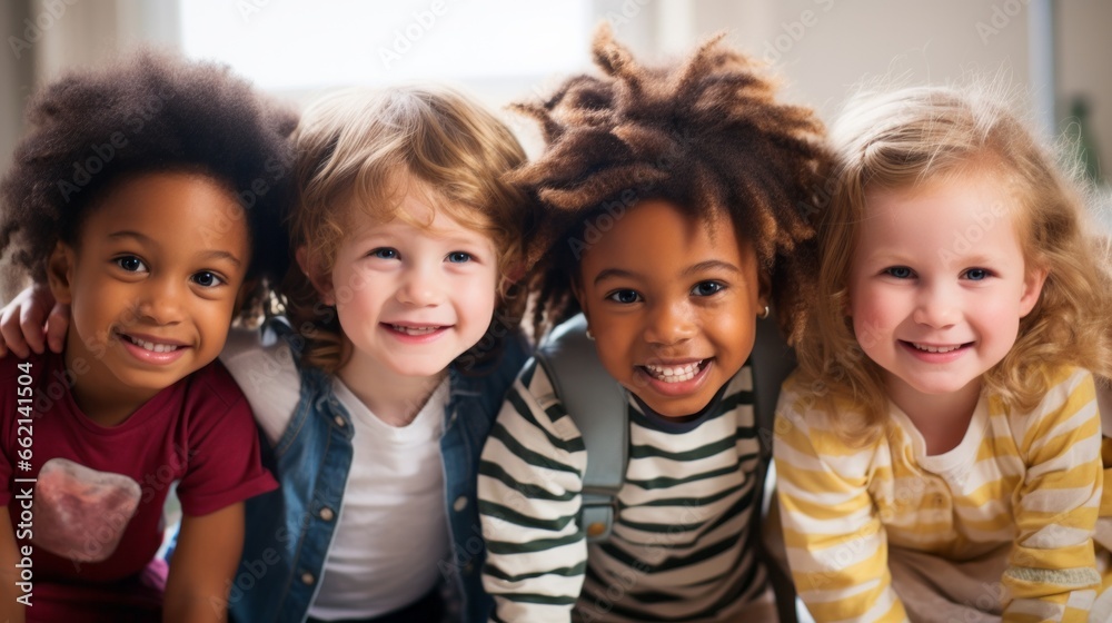Group of 4 diverse preschool children in a row, smiling happily into the camera