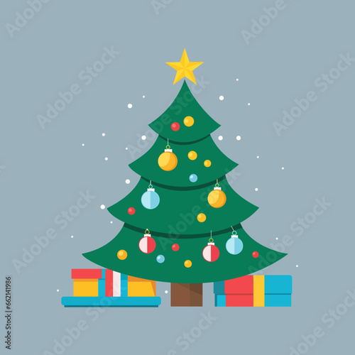 Decorated Christmas tree with gift boxes on grey background.
