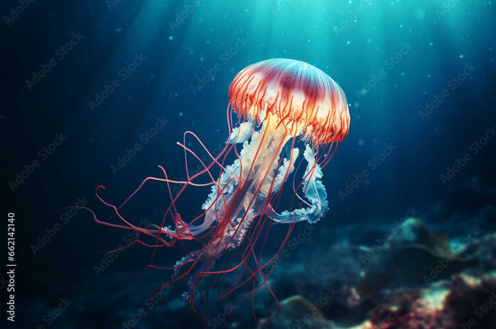 Fototapeta premium Jellyfish glows with neon light and swims underwater under sunlight