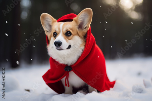 Corgi in Christmas costume in the snow