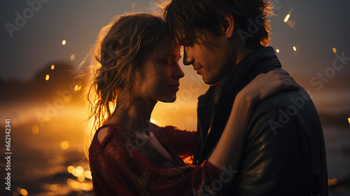 Young lovers hugging each other on the beach at sunset. Generative AI.