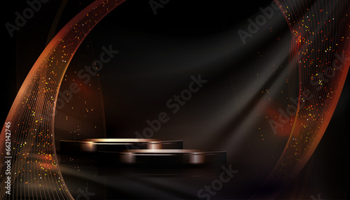 Golden waves with on a black background, round podium isolated