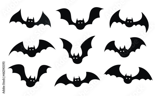Bat in different positions on white background. Black silhouettes of bats.